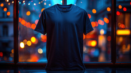 Blue T-shirt. A mocap with a blurred city. Blue t-shirt on a man standing in the background of a city. Evening city street and t-shirt. Fashion, Commercial, Template