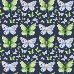 Butterflies watercolor seamless pattern, digital paper. Butterflies background. Moths, insects. Spring, summer print. Blue, green colors. Vintage, retro. For printing on fabric, paper, textiles