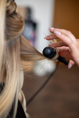 Fototapeta premium women hairdresser makes the models blonde hair with black curling iron