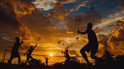 A silhouette of players against a sunset sky, highlighting the beauty and grace of badminton as a sport.