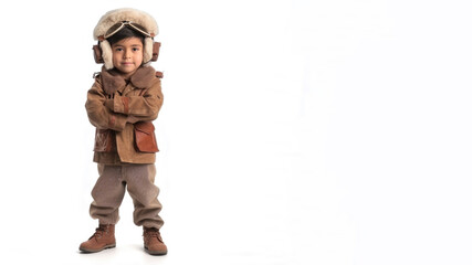 a studio portrait of little latin american boy dressed up as pilot aviator isolated on white background