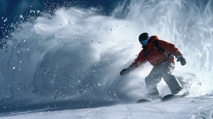 A snowboarder doing a hand drag on the snow, creating a spray of snow behind them.