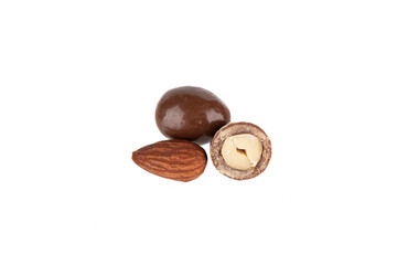 Dark chocolate peanuts isolated on a white background.