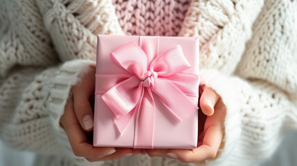 Woman holding a pink gift box with ribbon