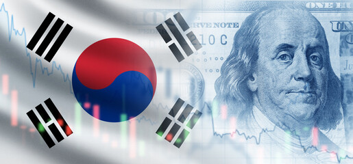 Economics of south Korea. Crisis chart near dollar money. Problems in Korean economy. Declining income of Seoul residents. Recession crisis in south Korea. Financial inflation graph