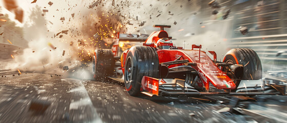 a thrilling moment of a formula car racing into debris and sending it flying. risky activity