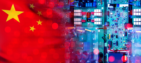 Computer plan. Flag of China. Microelectronics production at PRC. Manufacturing of digital circuit boards in China. High-tech industry in China. Manufacturing of computer boards. PCB made in PRC. - obrazy, fototapety, plakaty