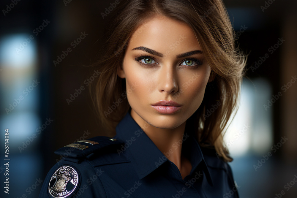 Wall mural photo portrait of beautiful successful proud police officer policewoman wear uniform generative ai - Wall murals
