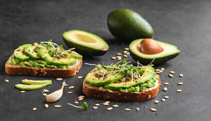 Healthy toasts with avocado slices, seeds and green sprouts. Organic morning meal. Tasty food.