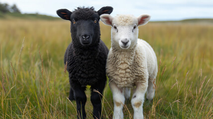 A black and white lamb stand together on a field of grass.