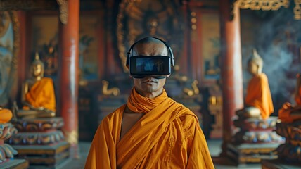 a filmmaker recording a monk's everyday routine in a Buddhist monastery while using virtual reality goggles.