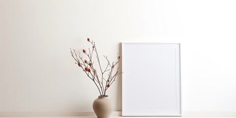 Minimal white desk with photo frame, round vase, and decorative twig against white wall. - obrazy, fototapety, plakaty