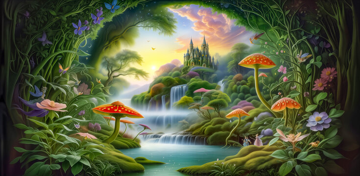 a fantasy forest with medieval Castle, waterfall and psychedelic mushrooms. whimsical fantasy landscape art, magical elf forest background, surreal dream landscape. epic dreamlike fantasy landscape, m