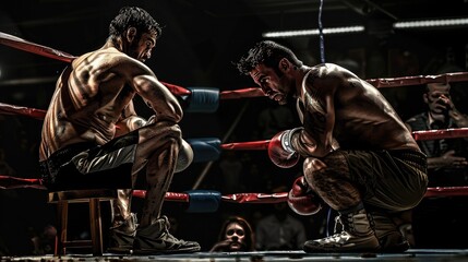 A trainer, in the corner of the ring, giving instructions to his boxer between rounds, as the fighter sits on a stool, catching his breath. - obrazy, fototapety, plakaty