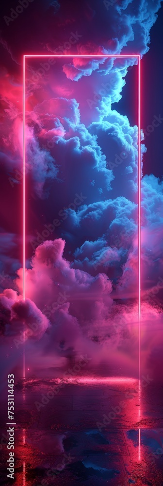 Poster stormy cloud abstract geometrical background with neon frame glowing in pink and blue light generati