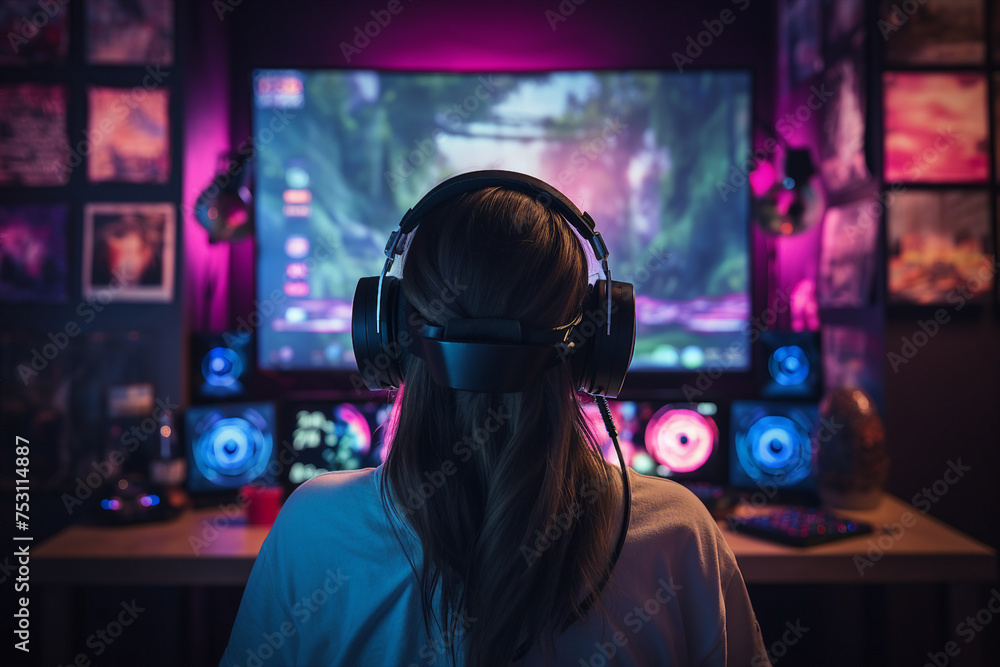 Poster professional esports player taking part in team competition gamer space neon light generative ai pic
