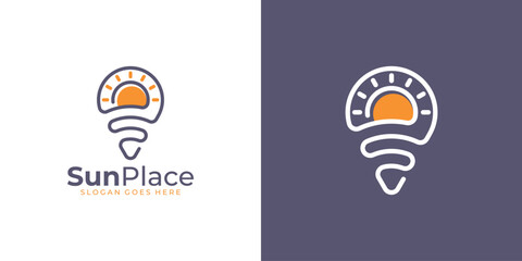 Creative Sun Place Logo. Location, Pin, Map, Place and Sun, Sunset, Sunrise with Linear Outline Style. Trip Logo Icon Symbol Vector Design Template.