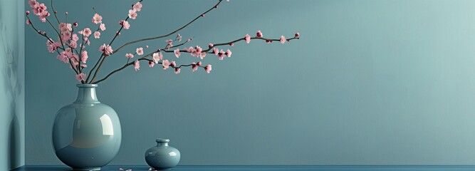 Simple, uncluttered spring background featuring tiny vases with delicate cherry blossom tree...