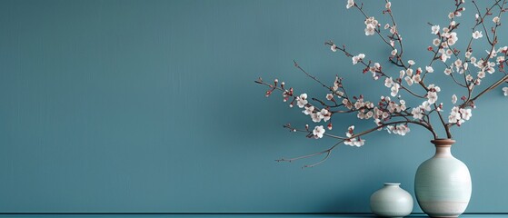 Simple, uncluttered spring background featuring tiny vases with delicate cherry blossom tree...