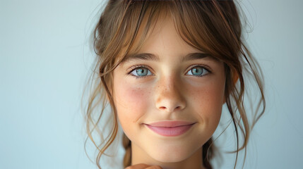 Portrait of a smiling girl on a light studio background.  Copy space