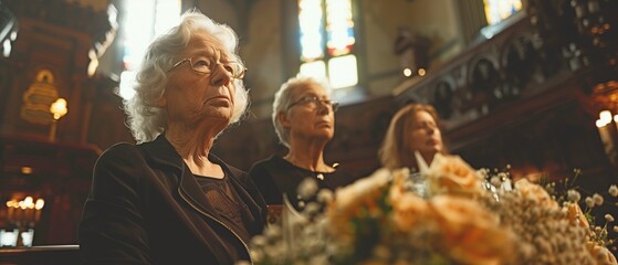 a family, a dejected elderly woman, and a casket at a chapel for a funeral and burial - obrazy, fototapety, plakaty