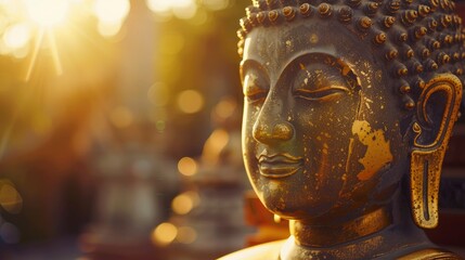 On a sunny day, the sun shines on the golden Buddha statue, backlight, mona lisa style, UHD, hyper quality, copy space - generative ai - obrazy, fototapety, plakaty