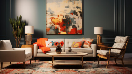 Composition of a modern eclectic living room with an antique Persian rug
