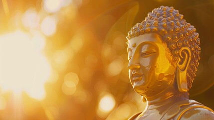 On a sunny day, the sun shines on the golden Buddha statue, backlight, mona lisa style, UHD, hyper quality, copy space - generative ai