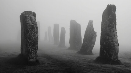 Mysterious Stone Monoliths in Dense Fog