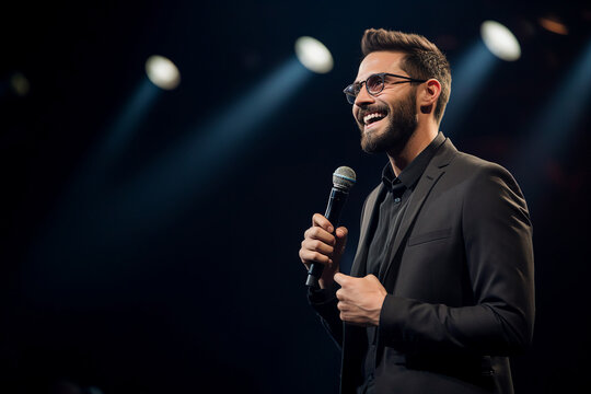 Motivational speaker with microphone performing on stage people sitting in hall generative AI