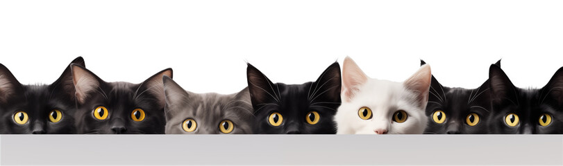 Banner with cats in a row isolated on transparent background. - obrazy, fototapety, plakaty