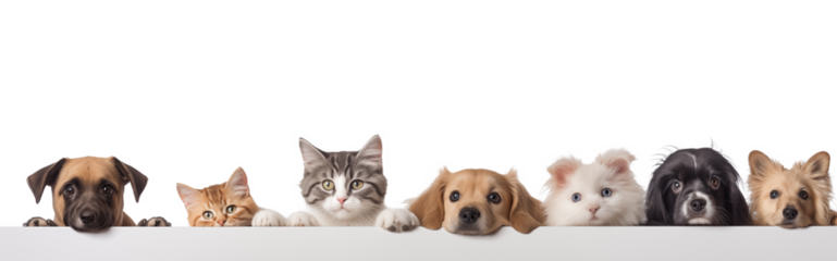 Banner with cats and dogs in a row isolated on transparent background.