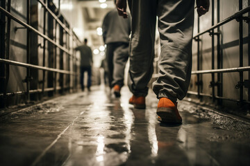 Fototapeta premium Criminals jailed in prison in orange uniform behind metal bars Generative AI realistic 3D picture