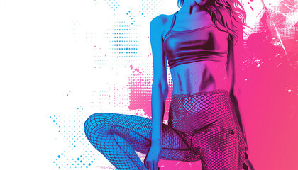 Slim sexy woman on abstract pink and blue background. Pop-art style, beauty and fashion concept - 753117033