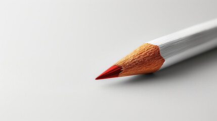 A simple pencil with a bright red lead on a plain white background.  Copy space.