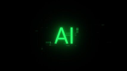 3D rendering AI text with screen effects of technological glitches