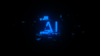 3D rendering AI text with screen effects of technological glitches