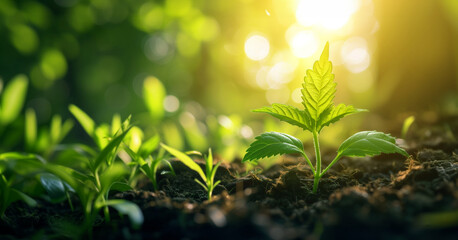 Young plant growing in garden on sunlight background. Growth, Earth Day concept
