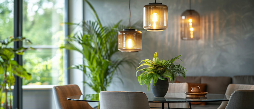 Cozy living room interior design with dining table, houseplants and nice lamps hanging, no people