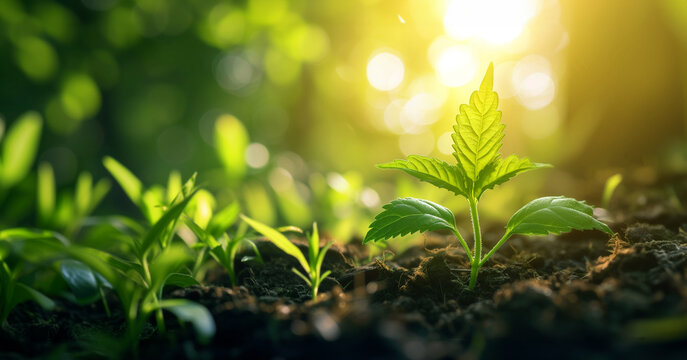 Young plant growing in garden on sunlight background. Growth, Earth Day concept
