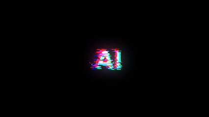 3D rendering AI text with screen effects of technological glitches