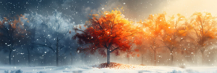 : Creative Season Contrast Illustration,
Snowy background with winter trees in the style of light gold and azure blurred bokeh
