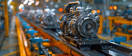 Fototapeta premium Production assembly line in the auto factory where engines are made
