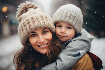 AI generated photo picture of happy family together on winter vacation snowy weather outdoors