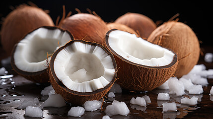 Coconuts on a black background.  tropical coconut halves with coconut pieces
