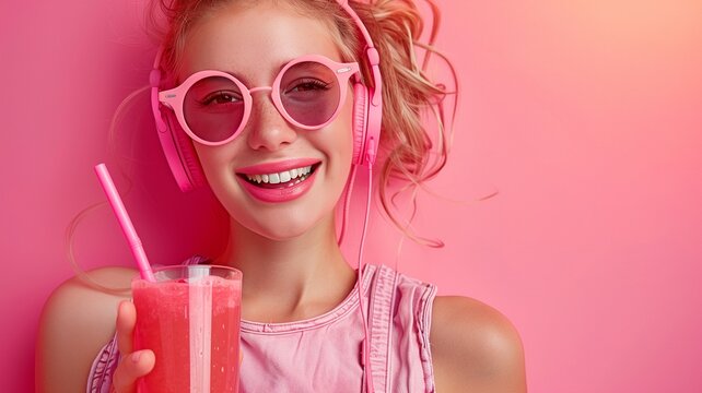 Picture of a stylish girl sipping fruit juice while using wireless headphones to listen to music