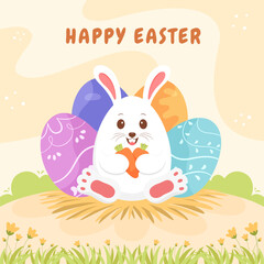 Happy Easter greeting card with cute bunny and eggs. Vector illustration