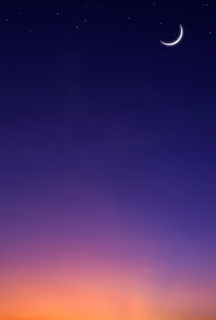 Night sky vertical background with crescent moon and stars on dark blue twilight sky with copy space for editing arabic text, Ramadan kareem, Eid al Adha, Eid al fitr, Mubarak, Islamic New Year