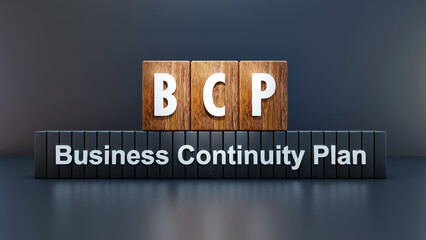 Text abbreviation BCP - Business Continuity Plan on wooden cube, black background - obrazy, fototapety, plakaty