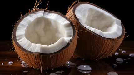 Fresh coconut halves on dark black background